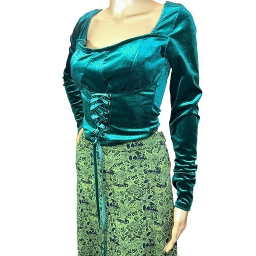 Womens Long Sleeve Lace Up Corset Top Size S Velvet Romantic‎ Goth Fairy Forest - Picture 4 of 13